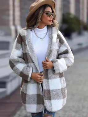 Snow Charm Plaid Open Front Hooded Teddy Coat
