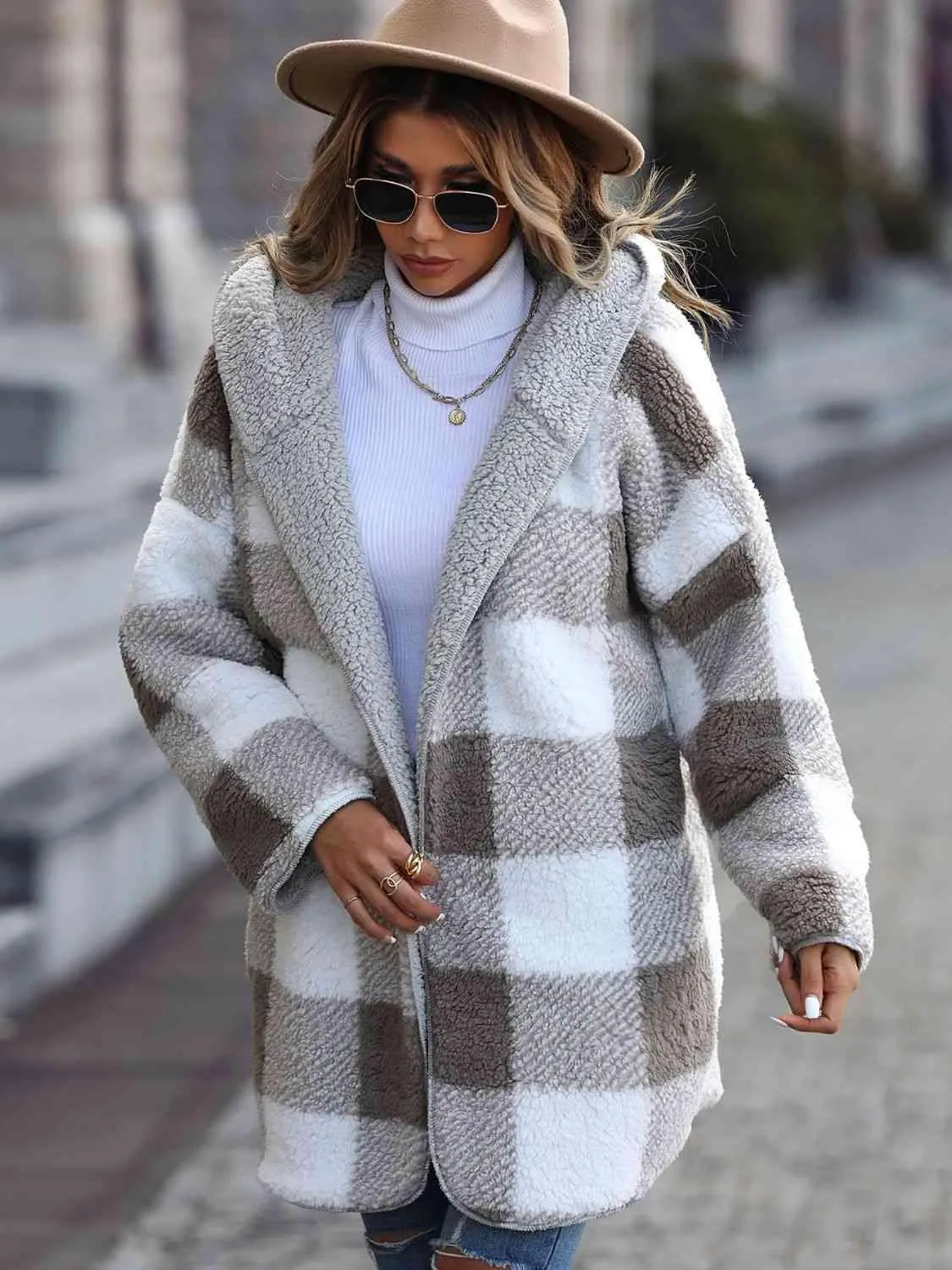Snow Charm Plaid Open Front Hooded Teddy Coat