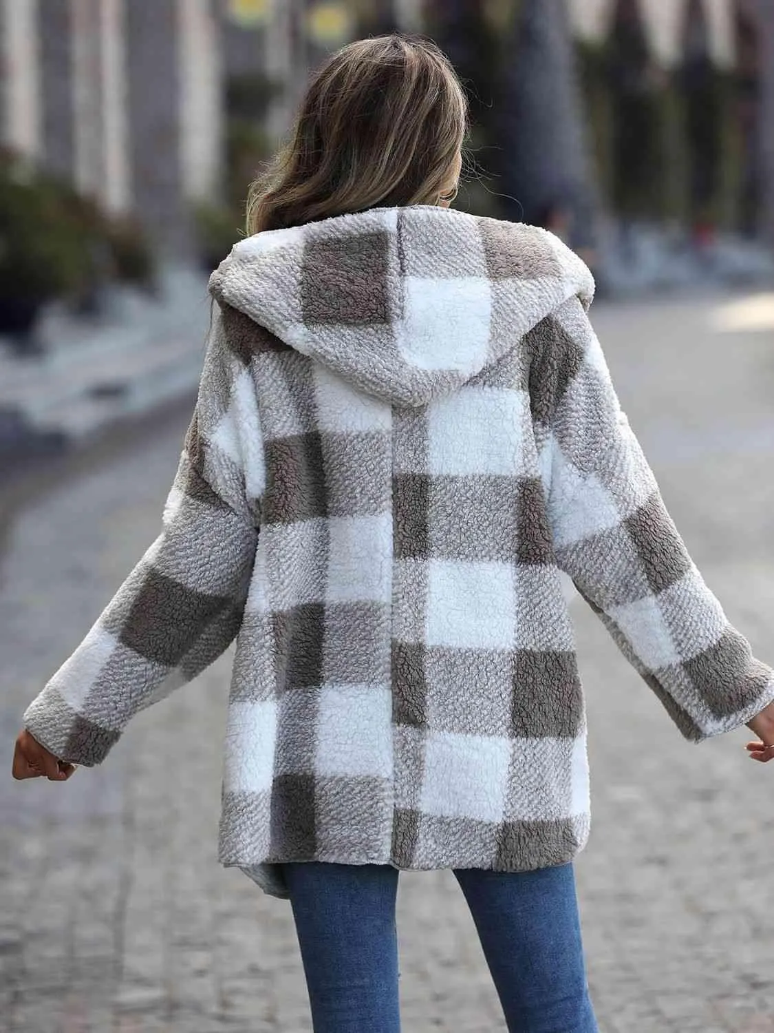 Snow Charm Plaid Open Front Hooded Teddy Coat