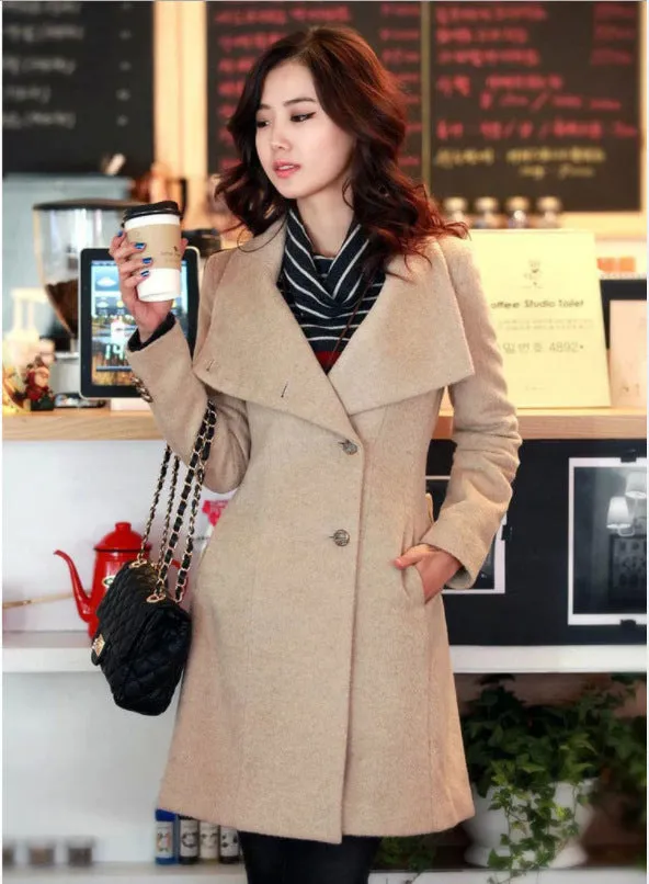 Turn-down Collar OL Style Slim Wool Long Coat With Belt on