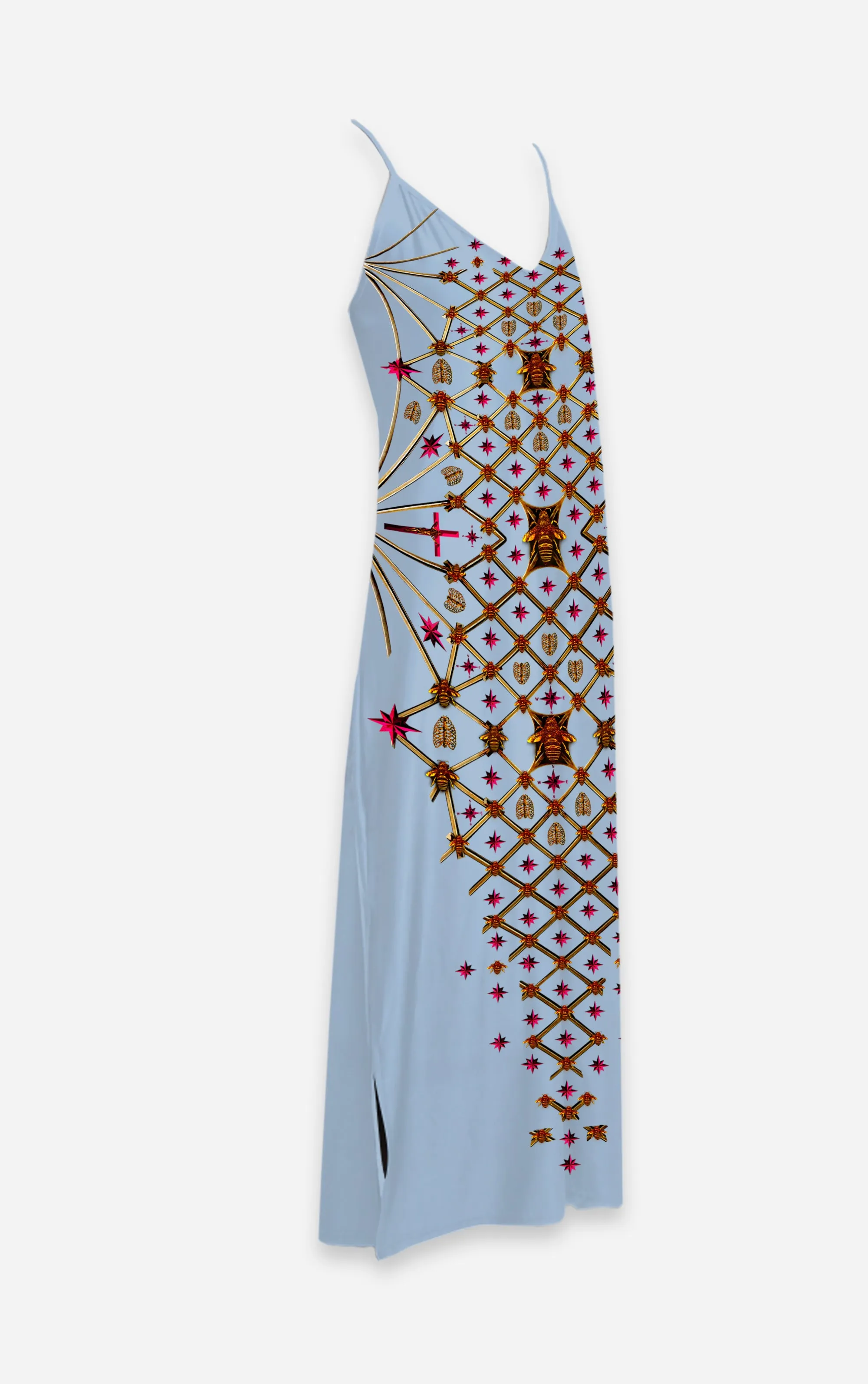Vee Divergence- French Gothic V Neck Slip Dress in Antique Blue | Le Leanian™