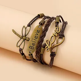 Vintage Letters And Dragonfly Decoration Multilayer Leather Urban Bracelet