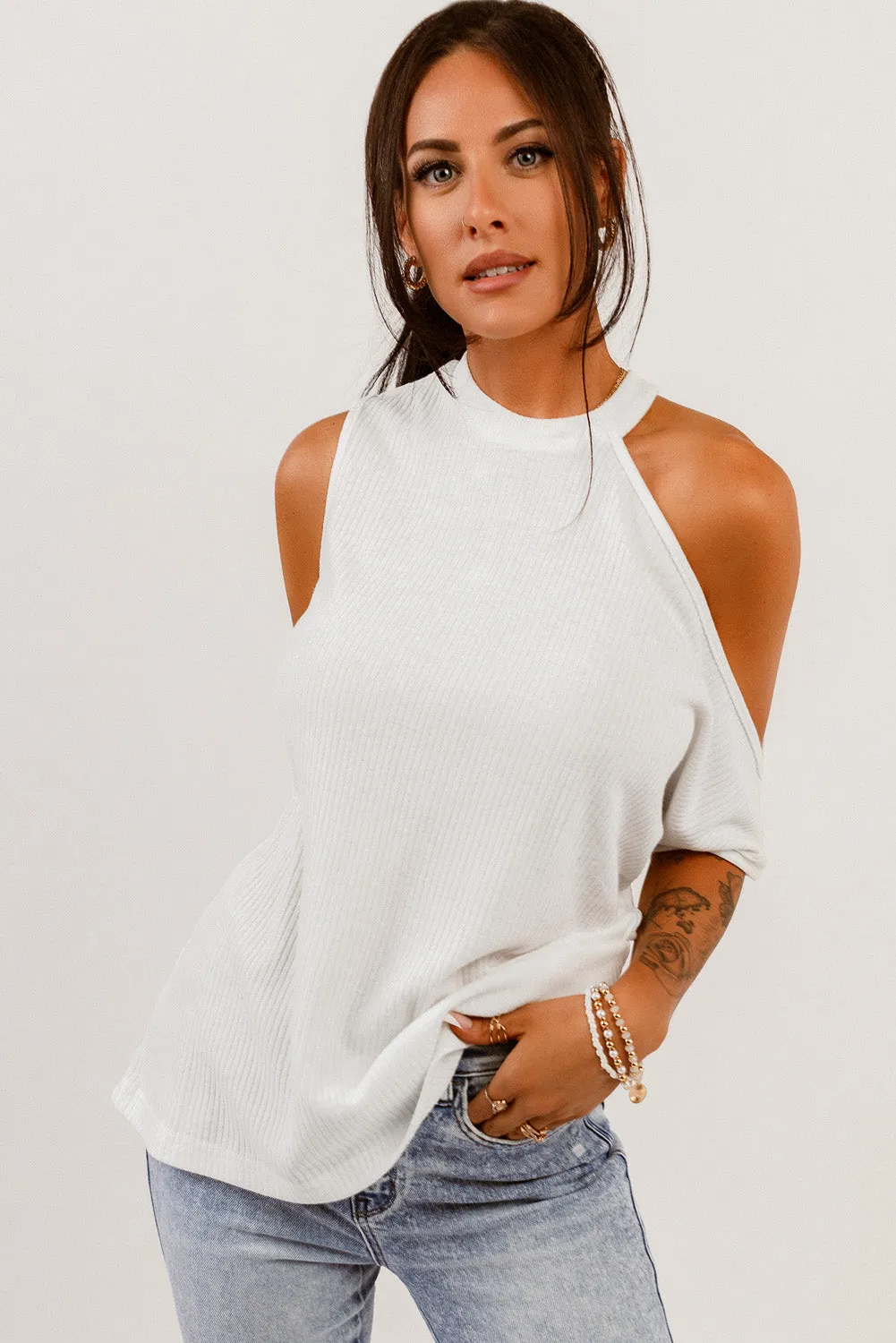 White Ribbed Zip-Back Cold-Shoulder Top