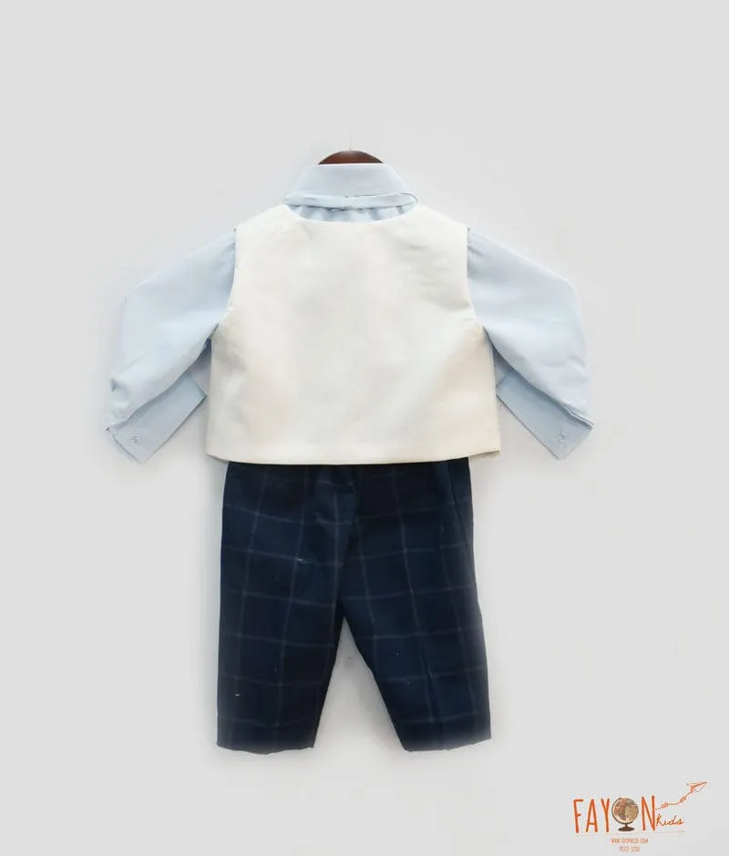 White Waist Coat with Blue Shirt and Dark Blue Check Pants for Boys