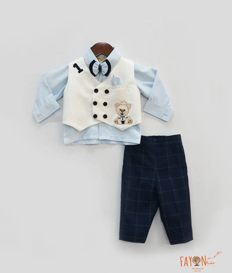 White Waist Coat with Blue Shirt and Dark Blue Check Pants for Boys