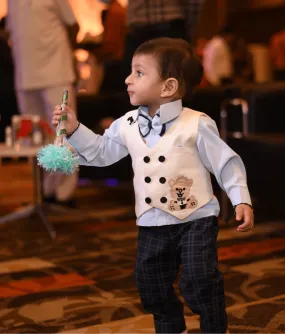 White Waist Coat with Blue Shirt and Dark Blue Check Pants for Boys