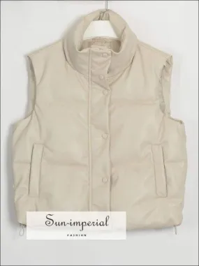 Women Beige Warm Sleeveless Puff Pu Leather Vest with Turtleneck Zipper and Buttons detail