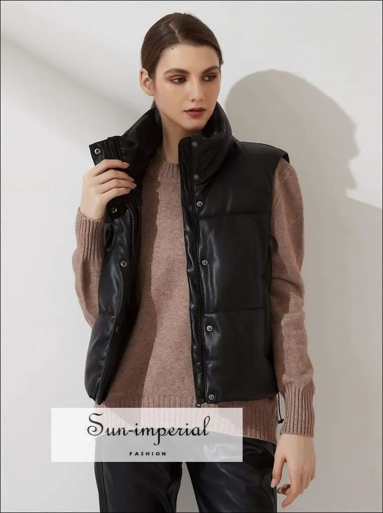 Women Beige Warm Sleeveless Puff Pu Leather Vest with Turtleneck Zipper and Buttons detail