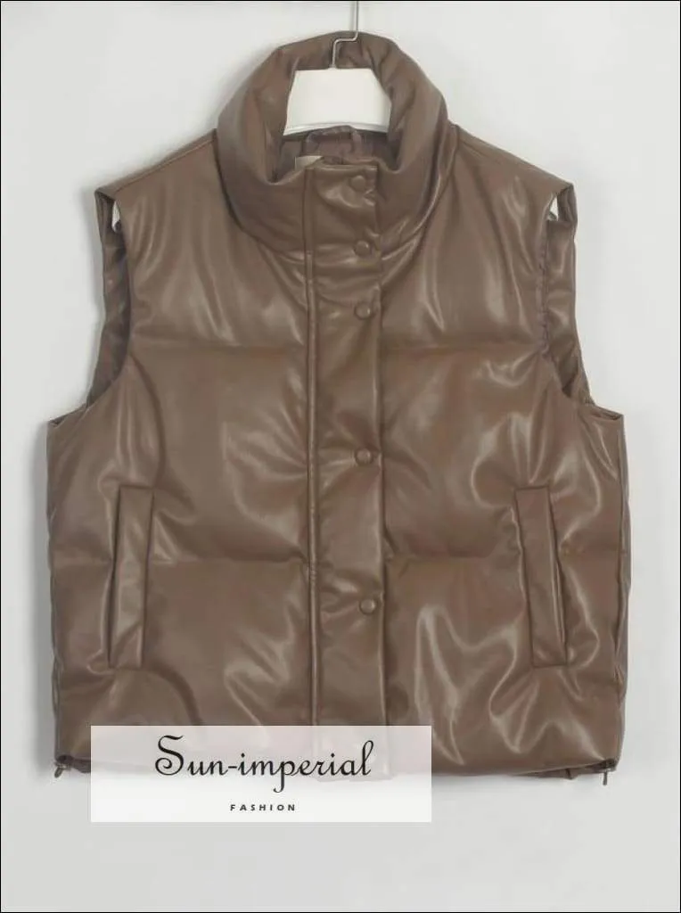 Women Beige Warm Sleeveless Puff Pu Leather Vest with Turtleneck Zipper and Buttons detail
