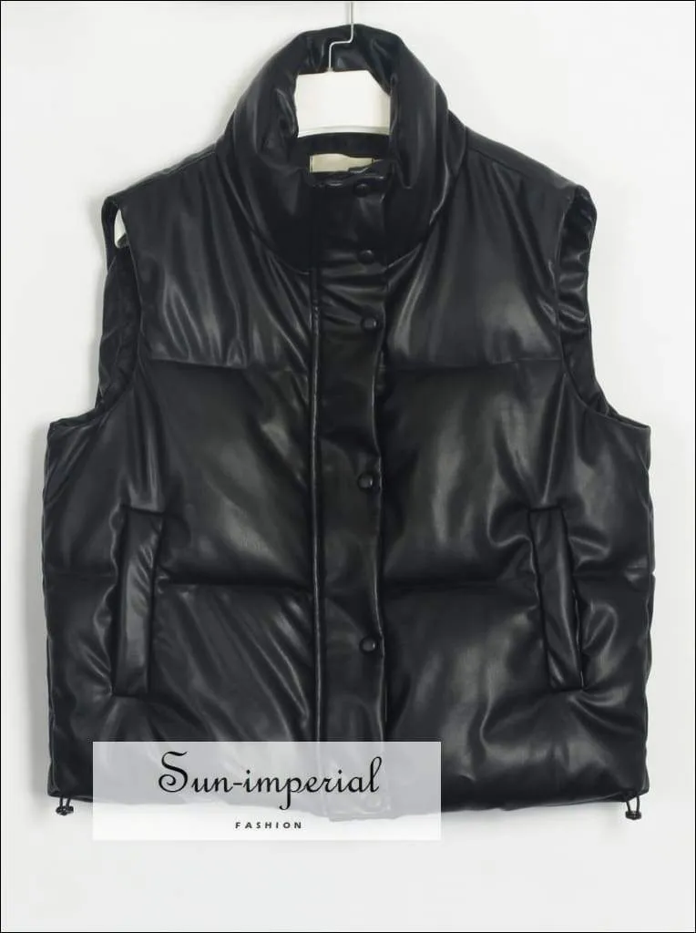 Women Beige Warm Sleeveless Puff Pu Leather Vest with Turtleneck Zipper and Buttons detail