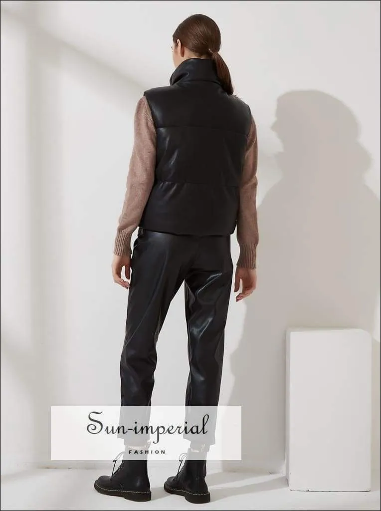 Women Beige Warm Sleeveless Puff Pu Leather Vest with Turtleneck Zipper and Buttons detail