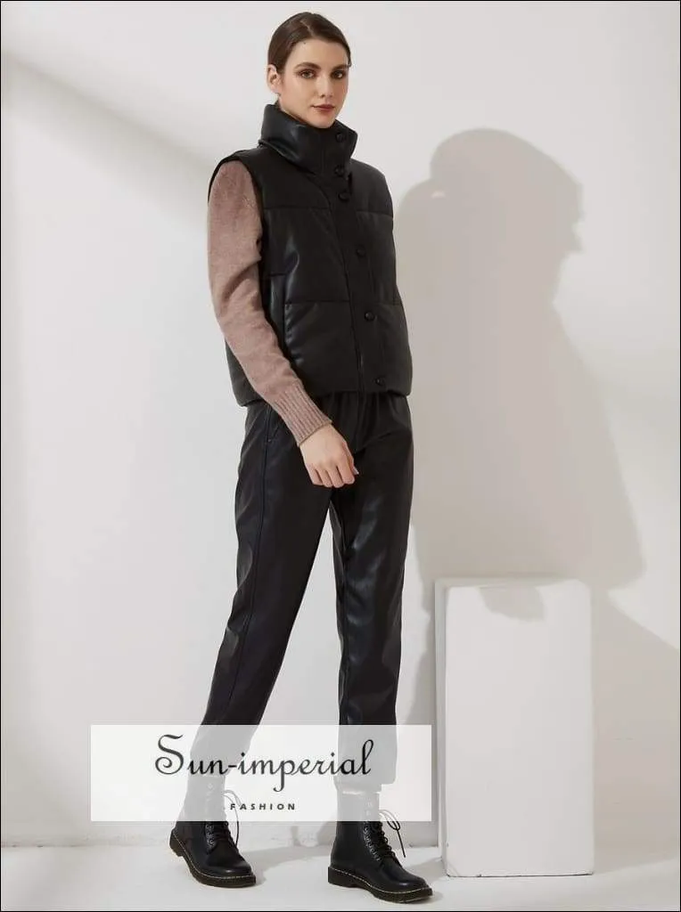 Women Beige Warm Sleeveless Puff Pu Leather Vest with Turtleneck Zipper and Buttons detail