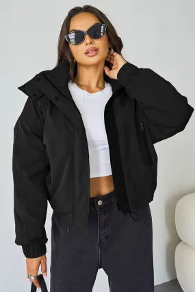 Women's Black Street Stand Collar Hooded Zip-Up Long Sleeve Trench Coat With Toggle