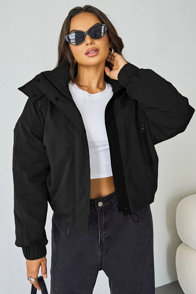 Women's Black Street Stand Collar Hooded Zip-Up Long Sleeve Trench Coat With Toggle