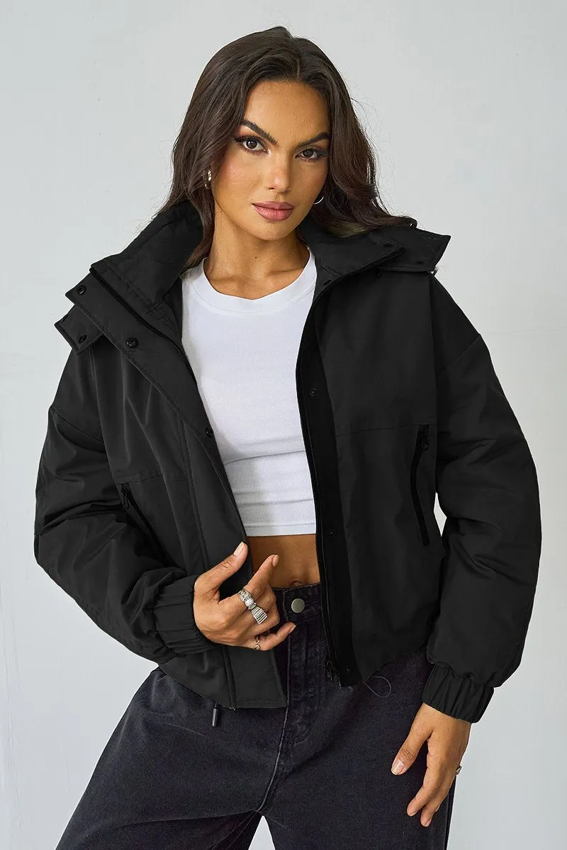 Women's Black Street Stand Collar Hooded Zip-Up Long Sleeve Trench Coat With Toggle