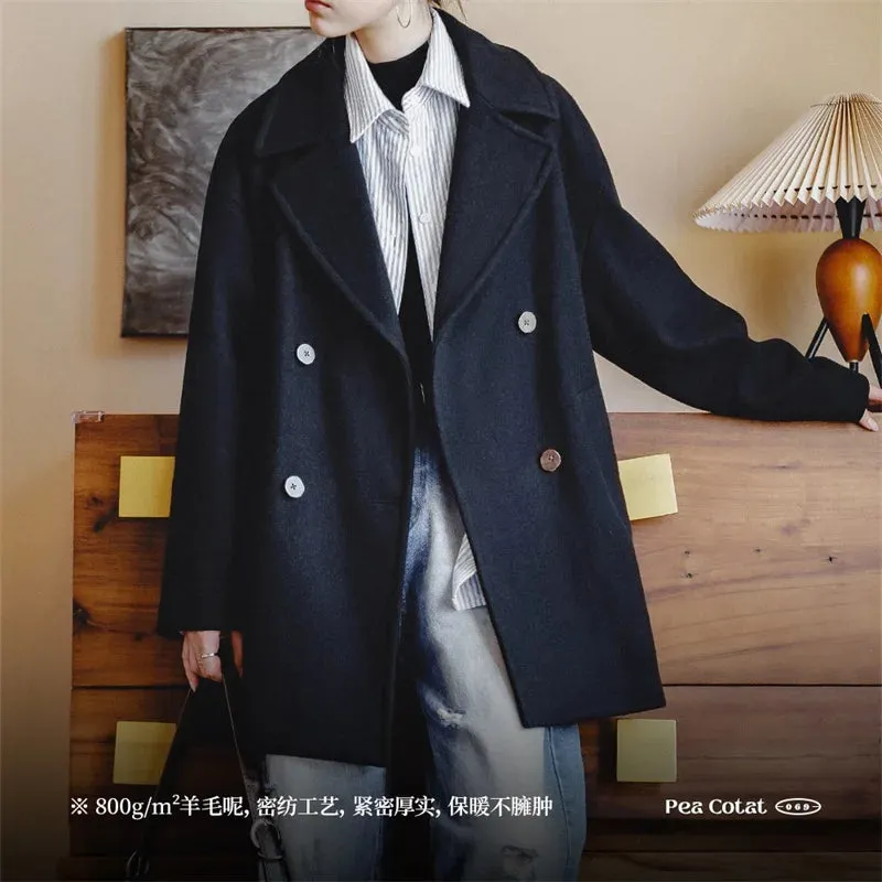 Women's Cashmere Woolen Coat Medium Length Vintage Minimalist Coat Thickened Outwear High-end Top