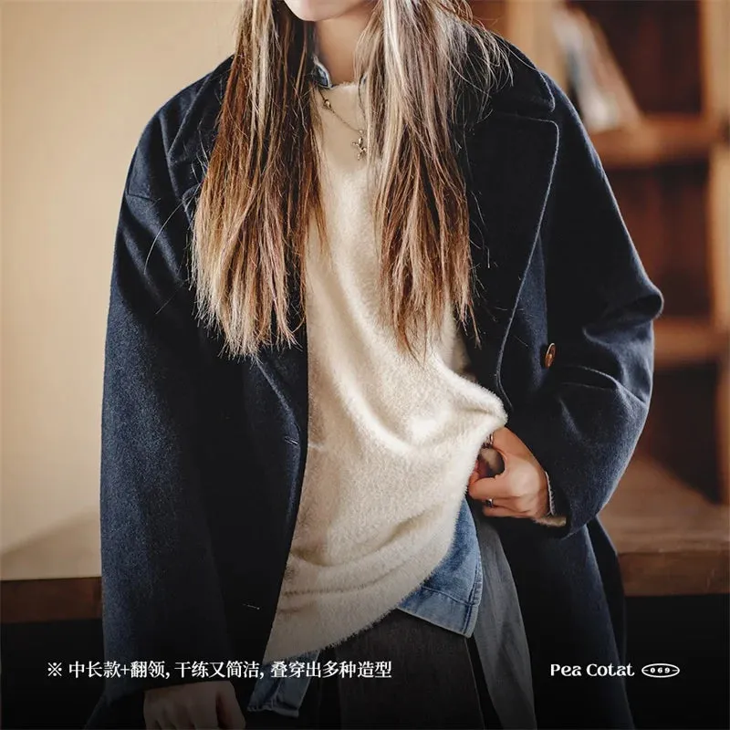Women's Cashmere Woolen Coat Medium Length Vintage Minimalist Coat Thickened Outwear High-end Top