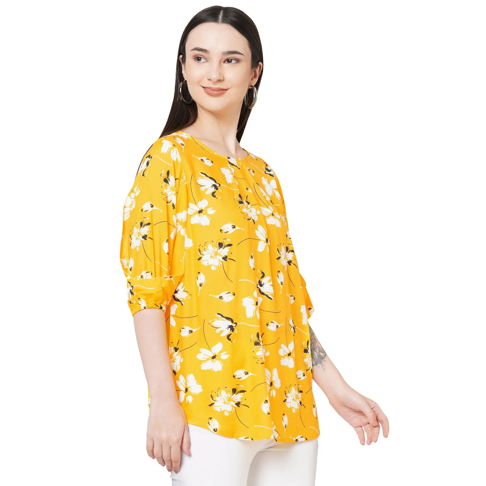 Yellow Floral Printed Top For Women